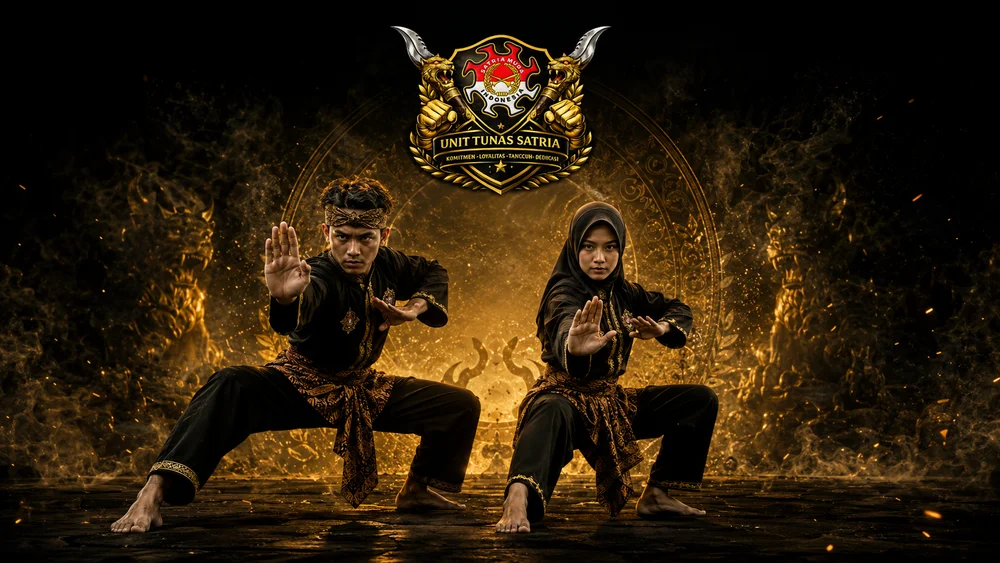 Atlet pencak silat muda dalam pose juara